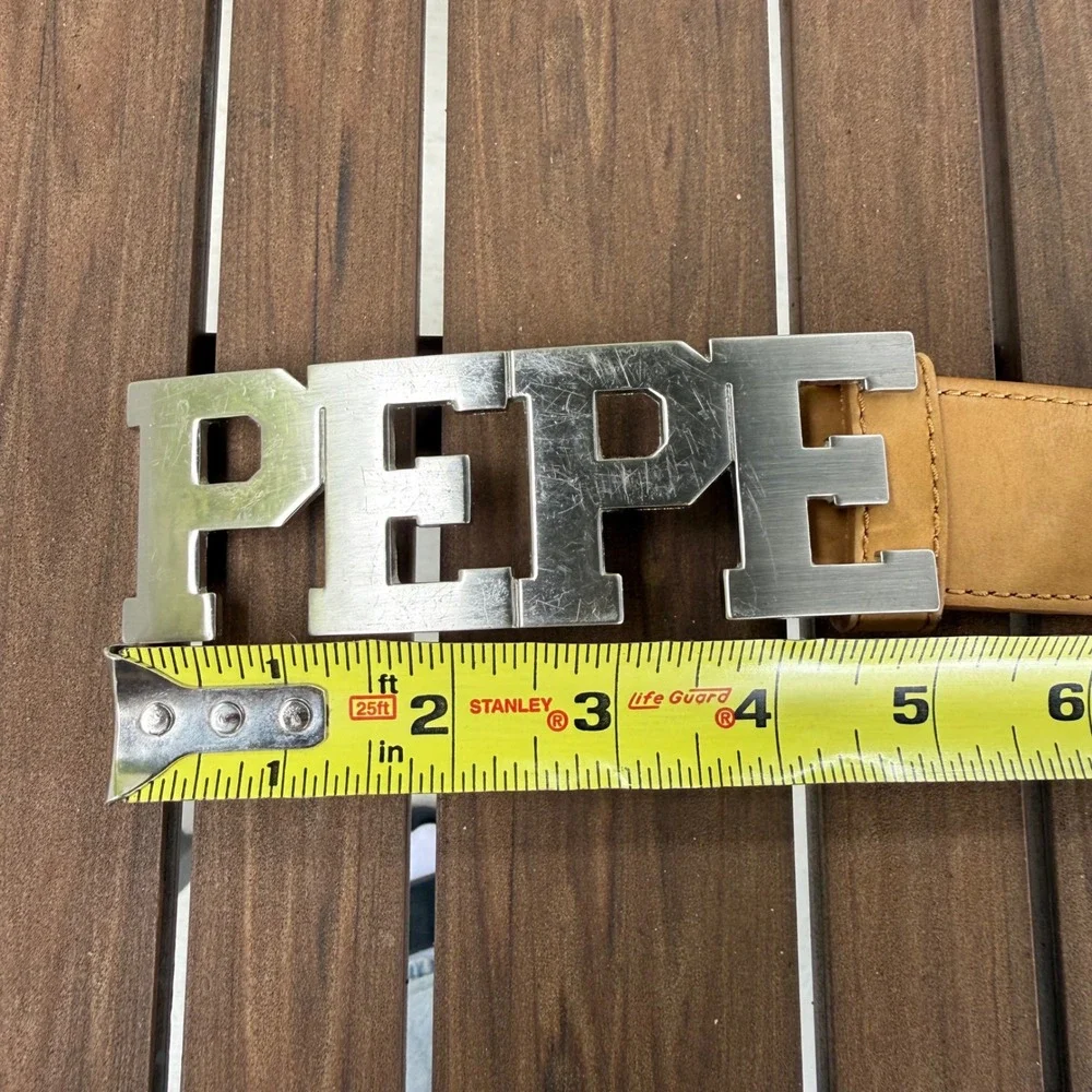 Pepe‎ Jeans London Tan Italian Leather Belt Large PEPE Buckle P3001 Mens 36